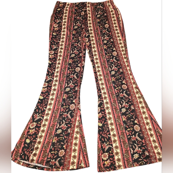 Mono B Pants - Mono B Floral Print Flare Leggings Bohemian Boho Red Beige Yoga Pants Women's 1X